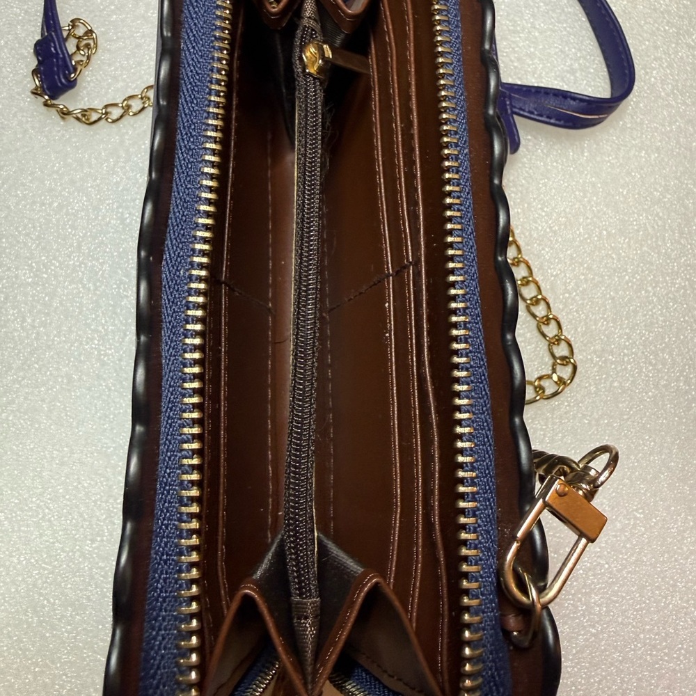 Whimsical Embroidered Navy Crossbody - Fairytale Scalloped Edge Gold Chain - Picture 8 of 11